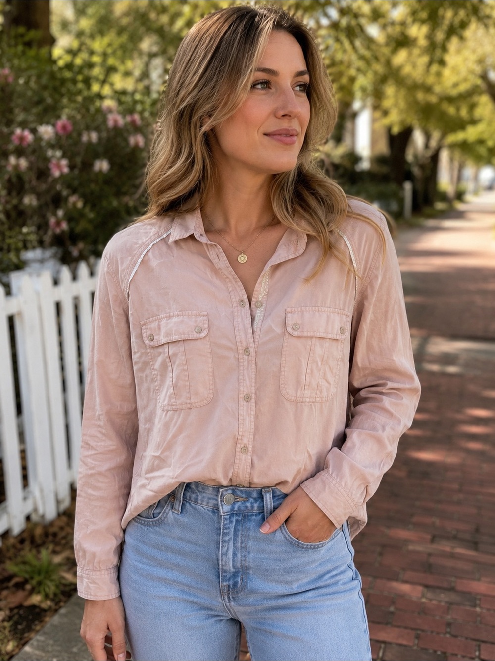 Free People Blush Pink Button Front Utility Shirt Women's Medium